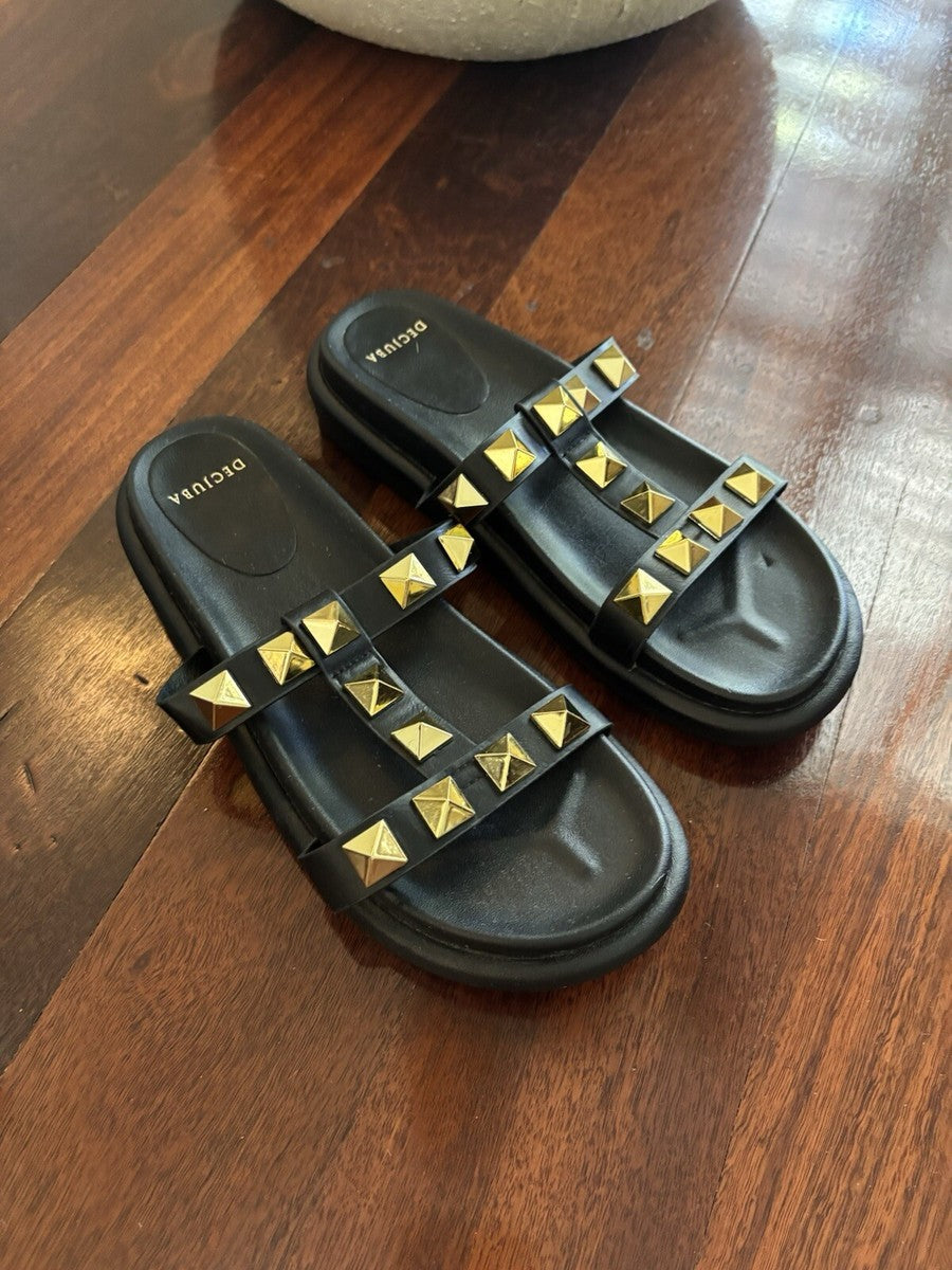 Studded Black Leather Slides