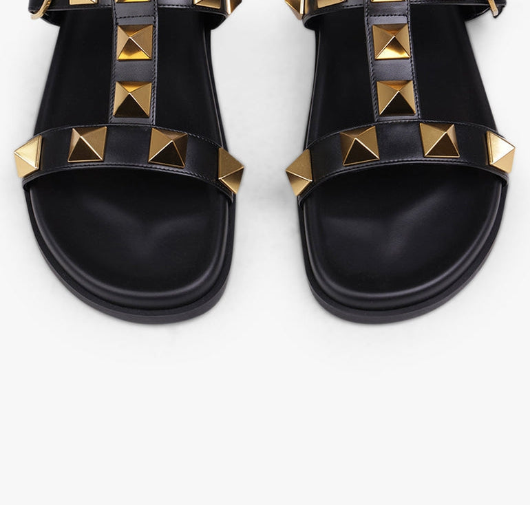 Studded Black Leather Slides