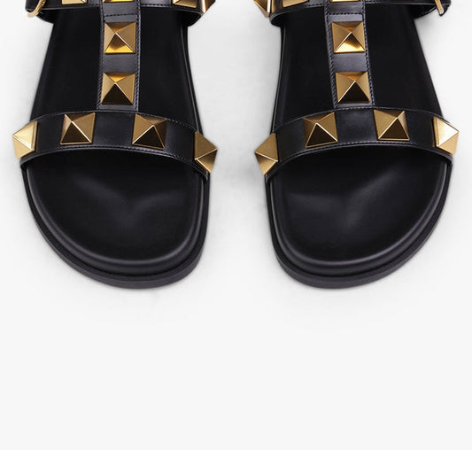 Studded Black Leather Slides